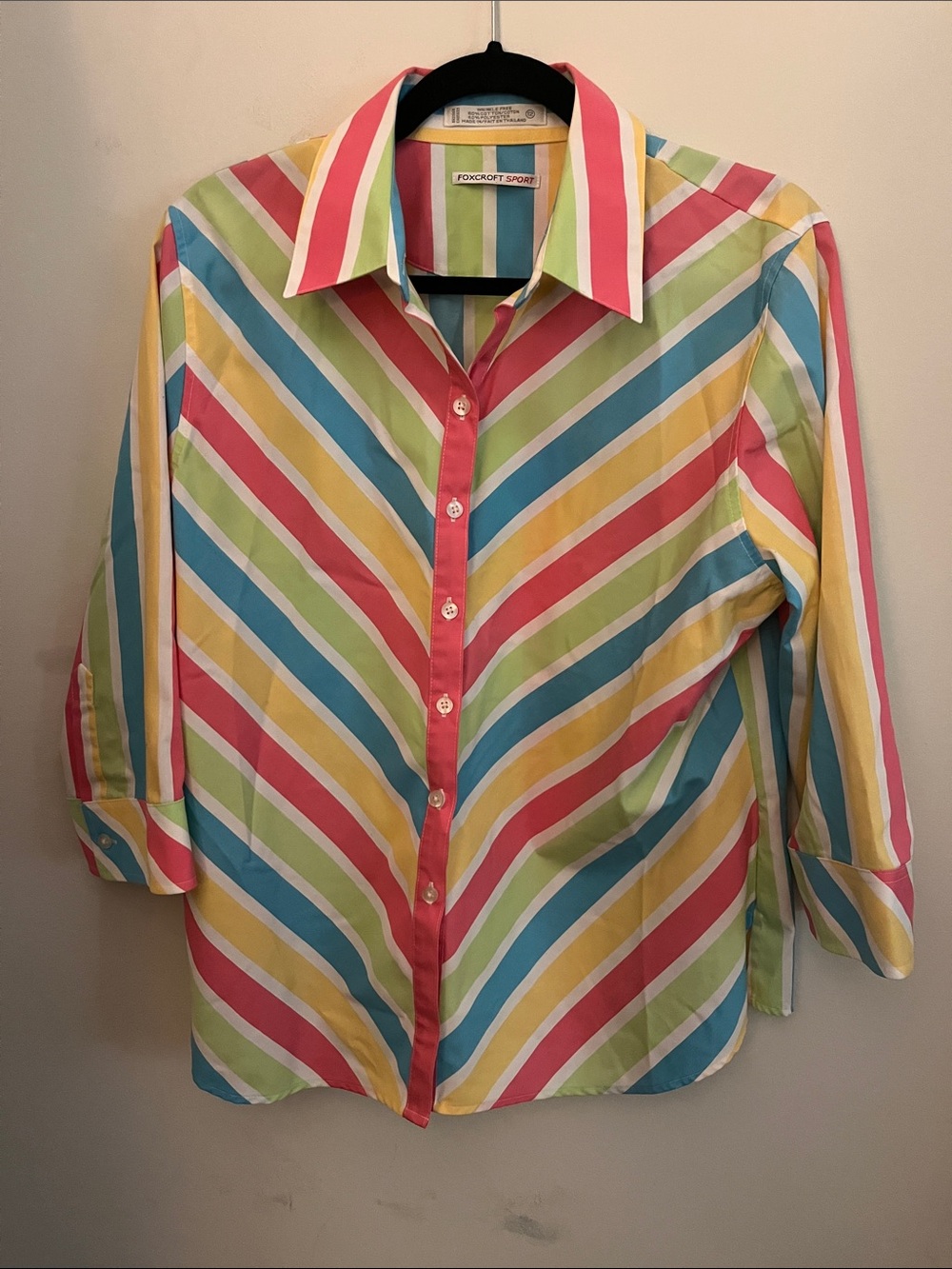 Foxcroft Sport rainbow stripe blouse. Button down top Sz 12